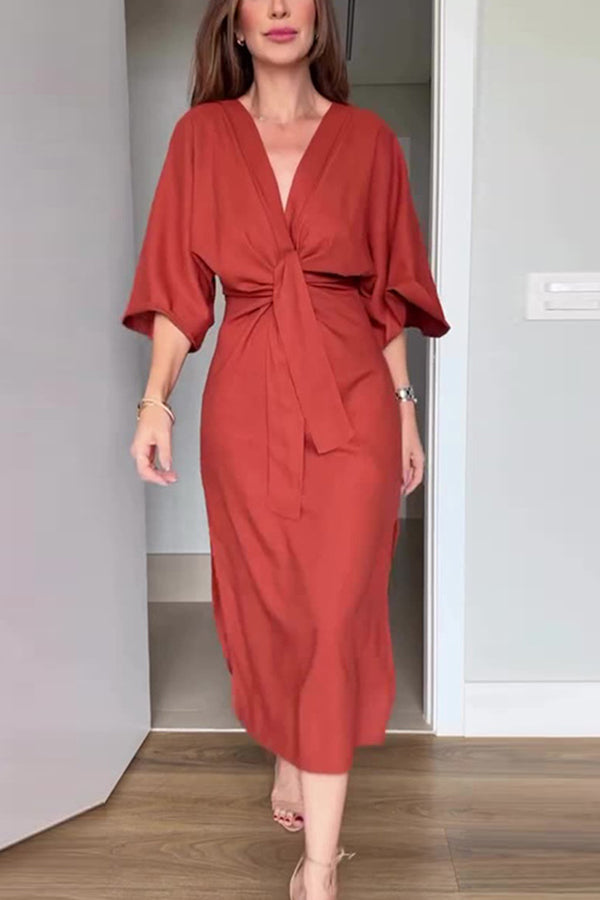 Vestido midi informal de color liso con escote en V, media manga y lazo en la cintura 