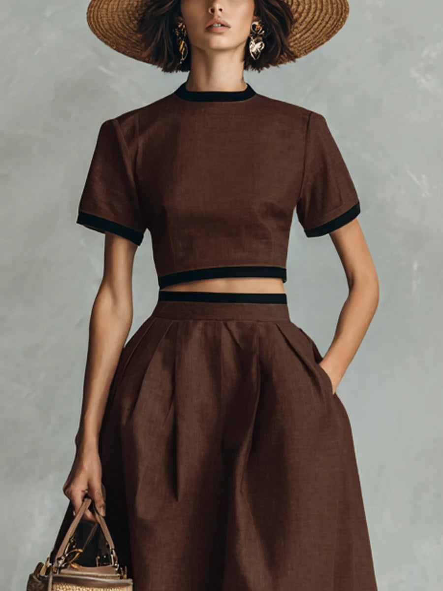 sheenchic Business Casual Brown Round Neck Short Sleeve Pocket Elegant Wrap Two Piece Skirt Sets [Pre-Order]