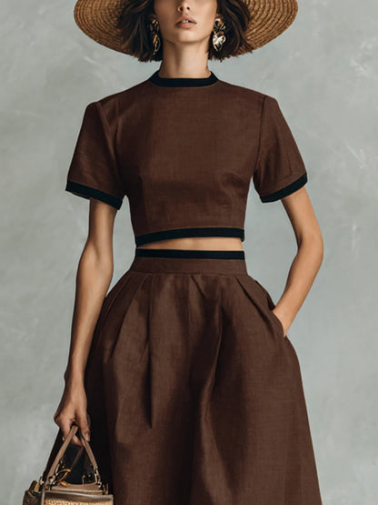 sheenchic Business Casual Brown Round Neck Short Sleeve Pocket Elegant Wrap Two Piece Skirt Sets [Pre-Order]