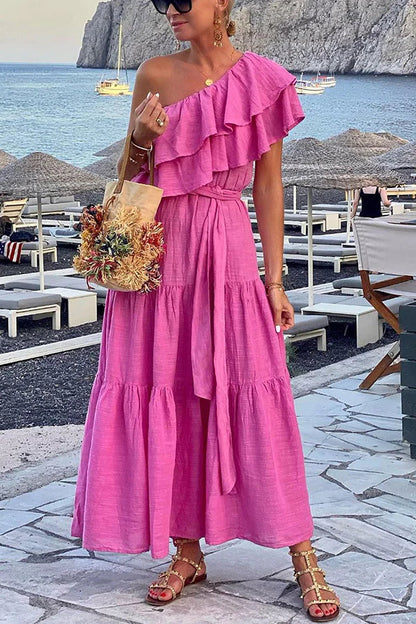 Vestido largo de mezcla de algodón con volantes y cinturón de un solo hombro