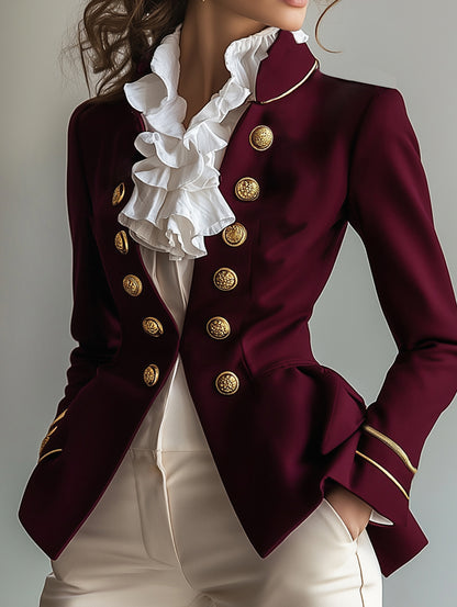 sheenchic Retro Stand Collar Button Long Sleeve Jacket