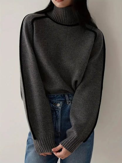 Wool Blend Turtleneck Sweater | Contrast Trim | Relaxed Fit