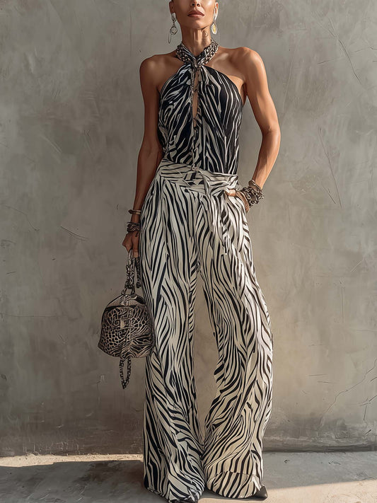 Black And White Zebra Print Halter Chiffon Top And Wide Leg Pants Set