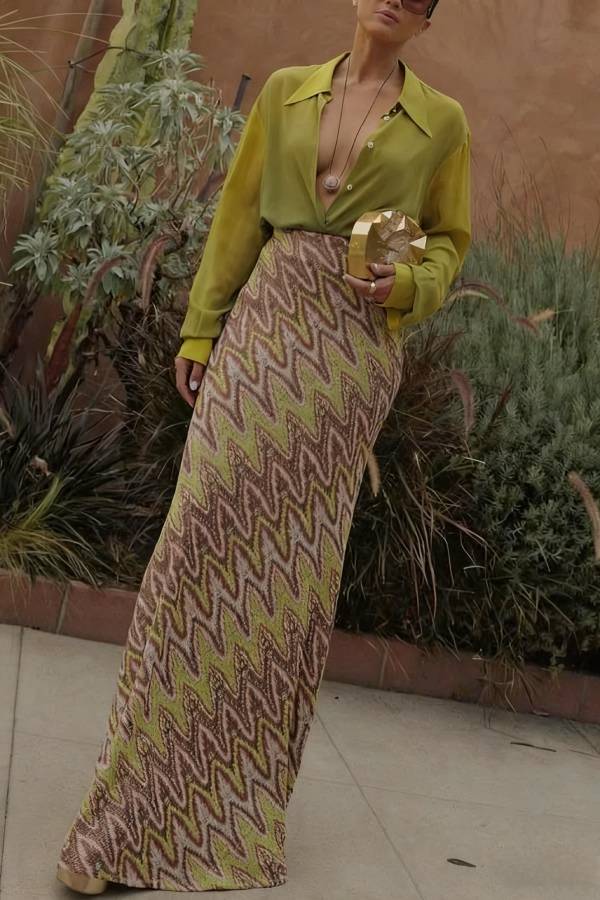 Moonlit Waltz Gradient Print Button Up Long Sleeve Loose Blouse