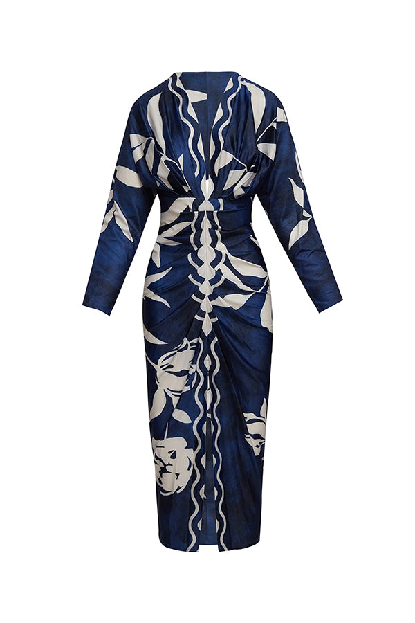 Brazilian Style Unique Print Dolman Long Sleeve Ruched Slit Midi Dress  Vestidos