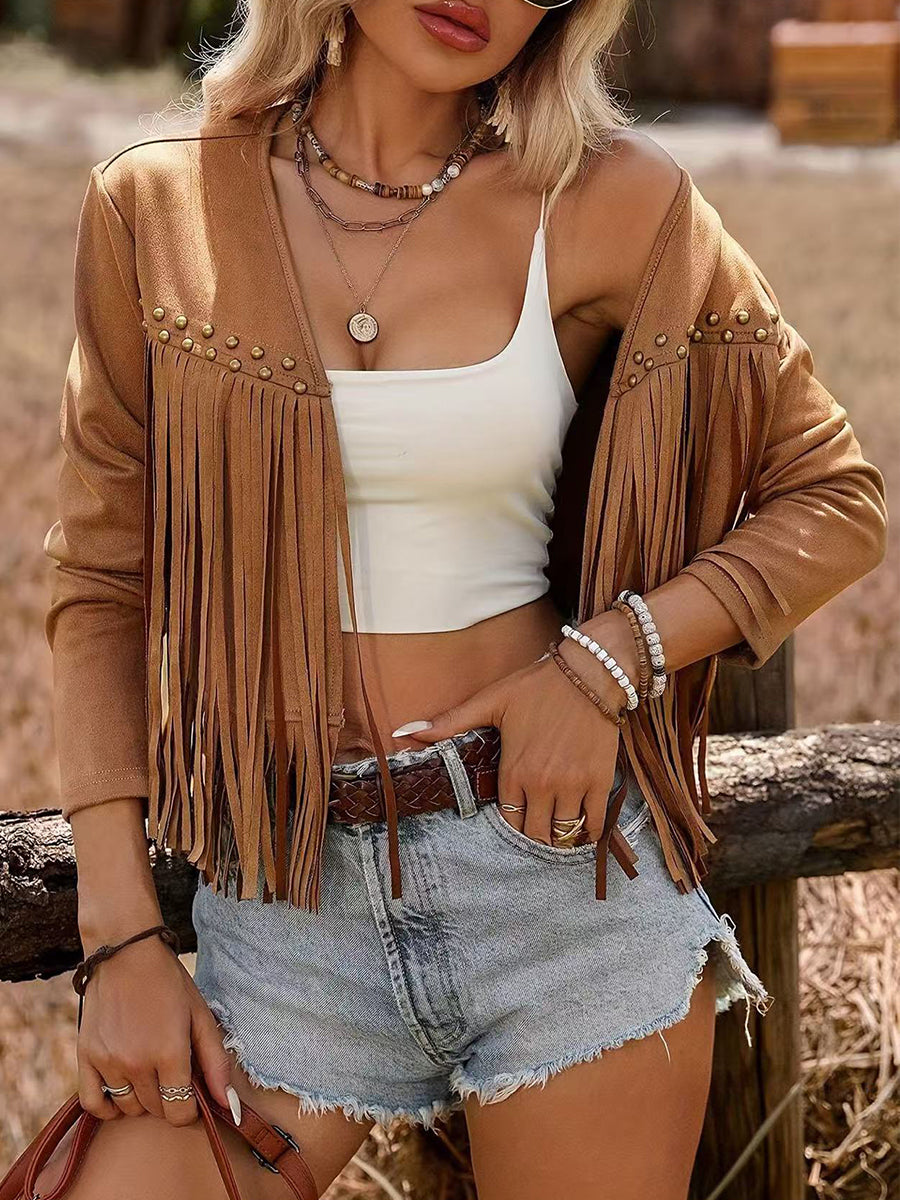 Daily Brown Long Sleeve Strappy Western Studded Chamois Cardigans