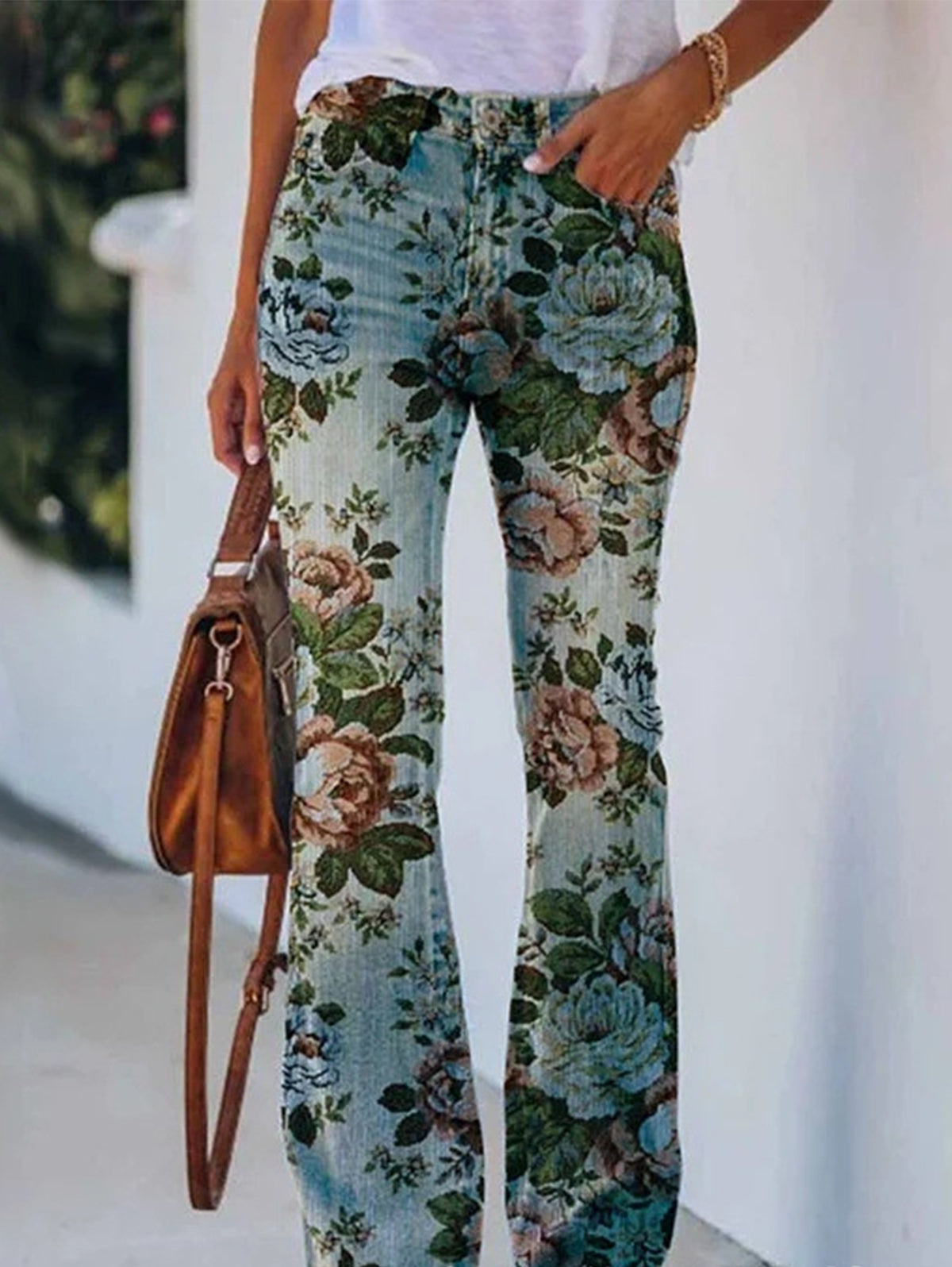 Daily Floral Graphic High Waisted Pocket Flared Pants