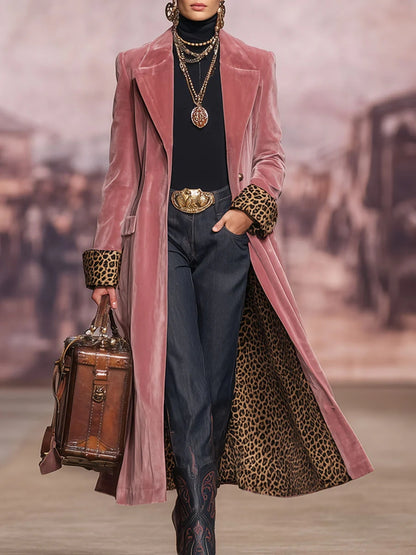 Daily Pink Leopard Turndown Collar Long Sleeve Pocket Vintage Button Velvet Coat