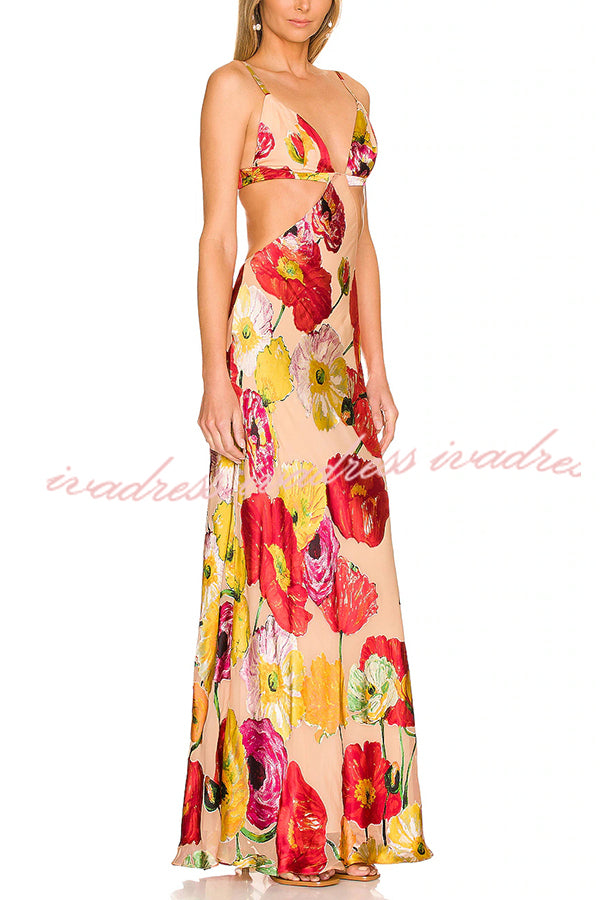 Vestido largo hawaiano con espalda descubierta y estampado floral de satén Hawaiian Dreams 