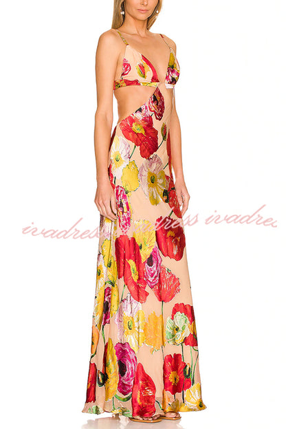 Vestido largo hawaiano con espalda descubierta y estampado floral de satén Hawaiian Dreams 