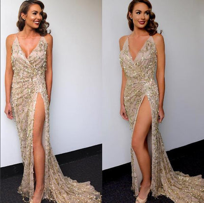 V neck Backless Slit Sling Gold Sequ Dress Maxi Dress Summer