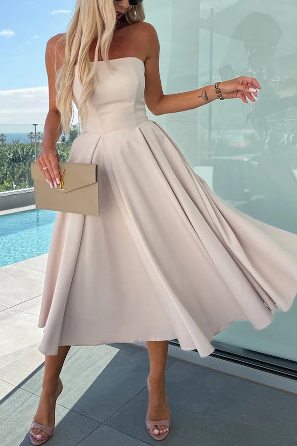 Sweet Cascade Solid Color Off Shoulder Pocket Full Hem Midi Dress