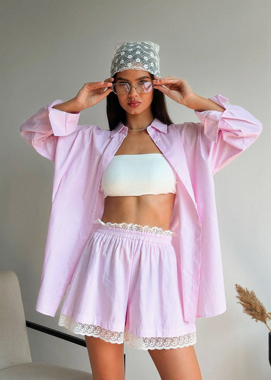 Pink Pinstripe Oversized Shirt & Lace-Trim Shorts Set – 2-Piece Women’s Outfit