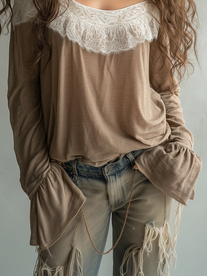 Vintage Off-the-shoulder Lace Long-sleeved T-shirt