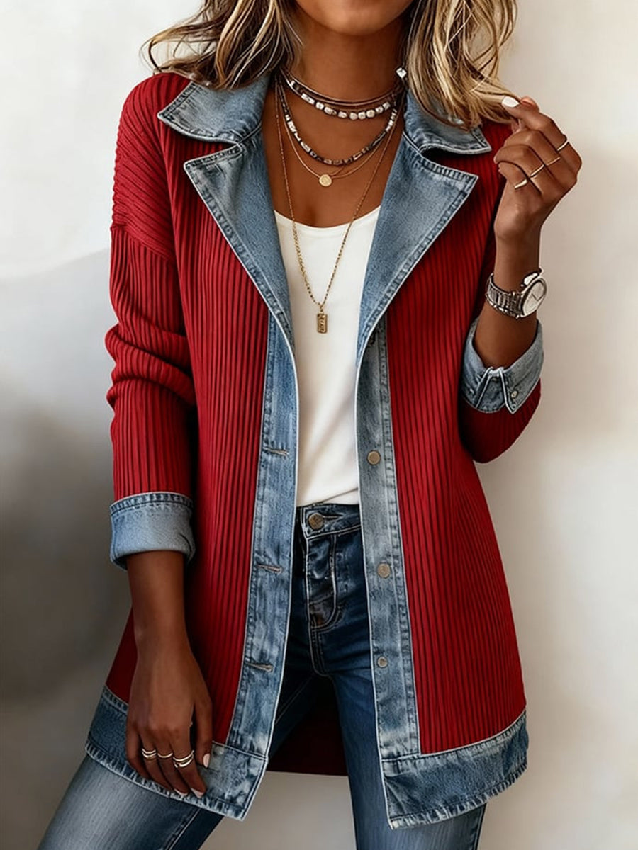 Daily Knitted Black Turndown Collar Long Sleeve Contrast Casual Button Denim Cardigans