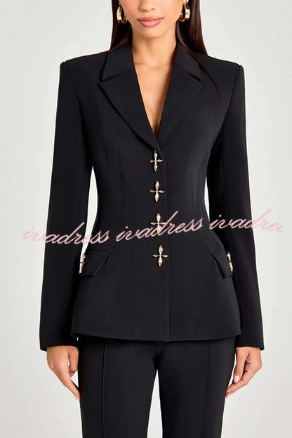 Women Power Metal Cross Snap Button Long Sleeve Lapel Blazer