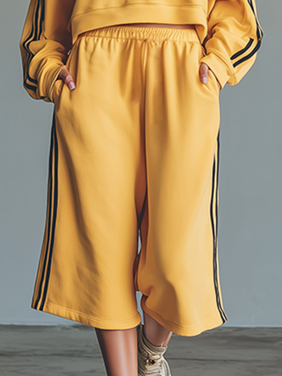 Stylish And Casual Sporty Color-blocked Yellow Sweatshirt And Five-point Shorts Set