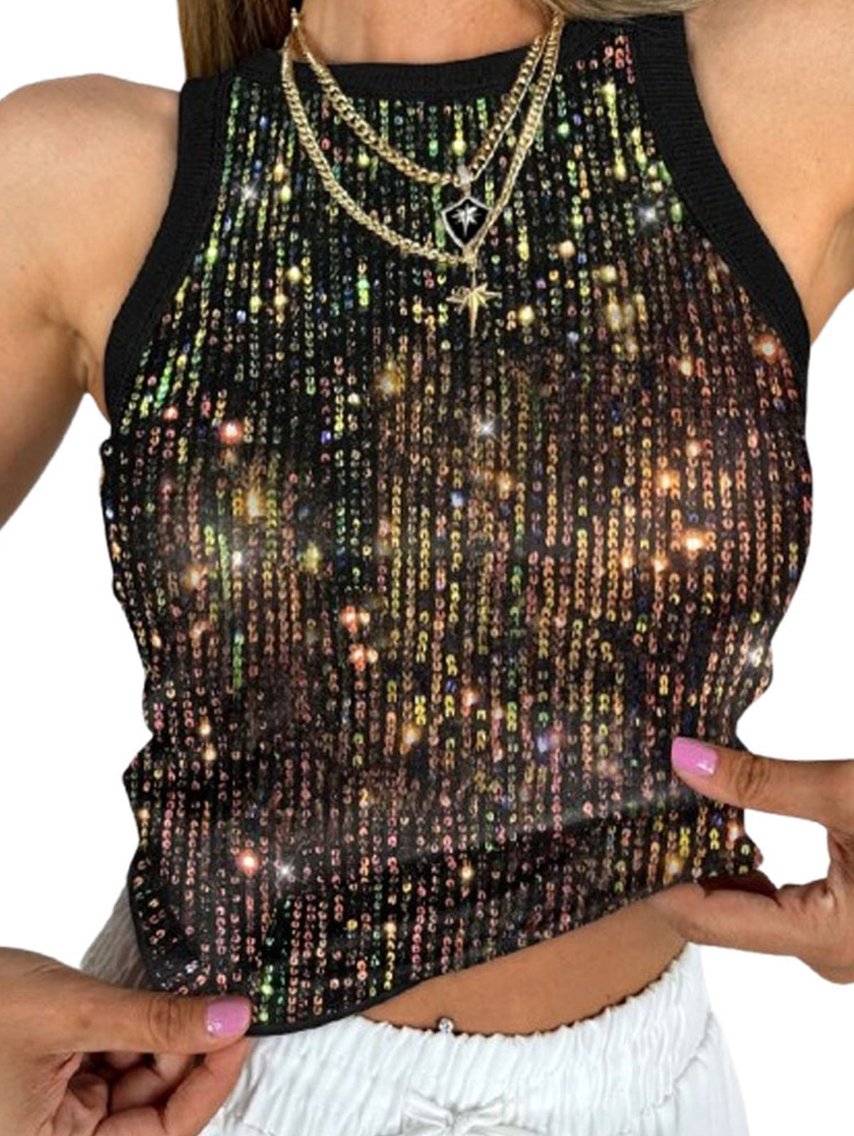 Party Crew Neck Leopard Pattern Sequin Tank Top