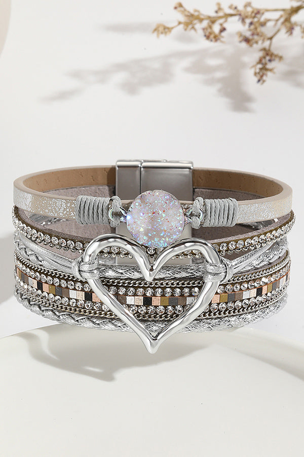 Bohemian Leather Cord Multi-layered Raw Stone Heart Bracelet