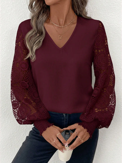 Daily Black V Neck Lantern Sleeve Long Sleeve Cut Out Elegant Contrast Lace Blouses
