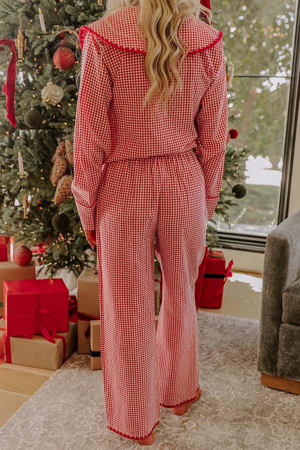 Nutcracker Charm Embroidered Gingham Loose Shirt and Elastic Waist Pajama Set