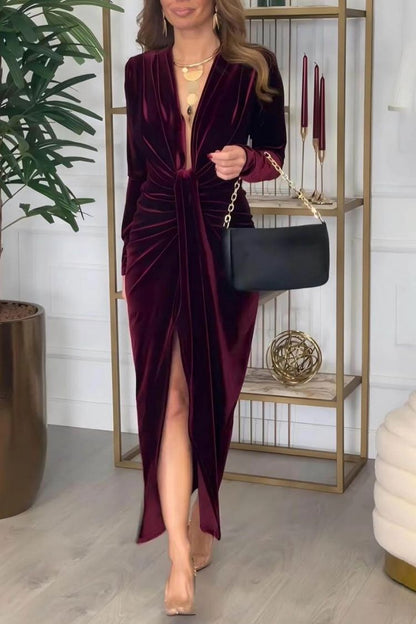 Classic Elegant Pleated Deep V Slit Party Maxi Dress