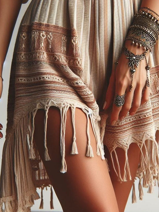 sheenchic Boho Pattern Striped Fringe Loose Irregular Shorts