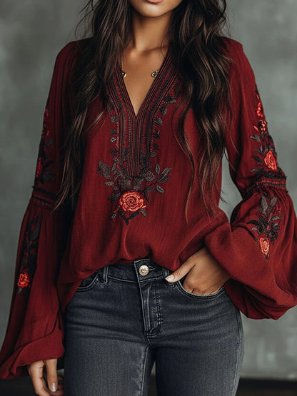 Vacation Burgundy Floral V Neck Lantern Sleeve Long Sleeve Contrast Vintage Linen Blouses