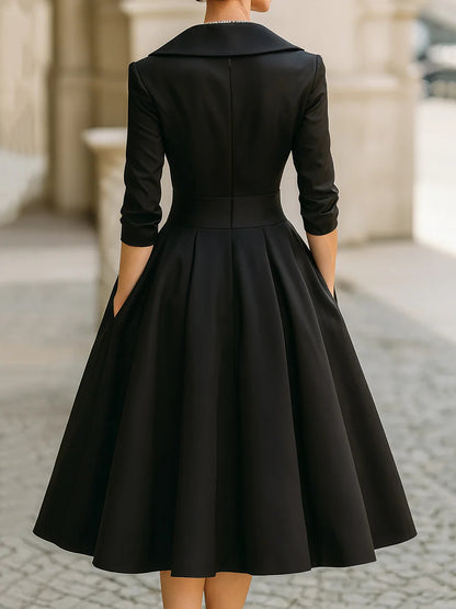 Business Casual Black Cascade Front Long Sleeve Ruffled Elegant Satin Midi Dresses