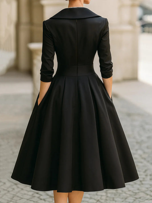 Business Casual Black Cascade Front Long Sleeve Ruffled Elegant Satin Midi Dresses
