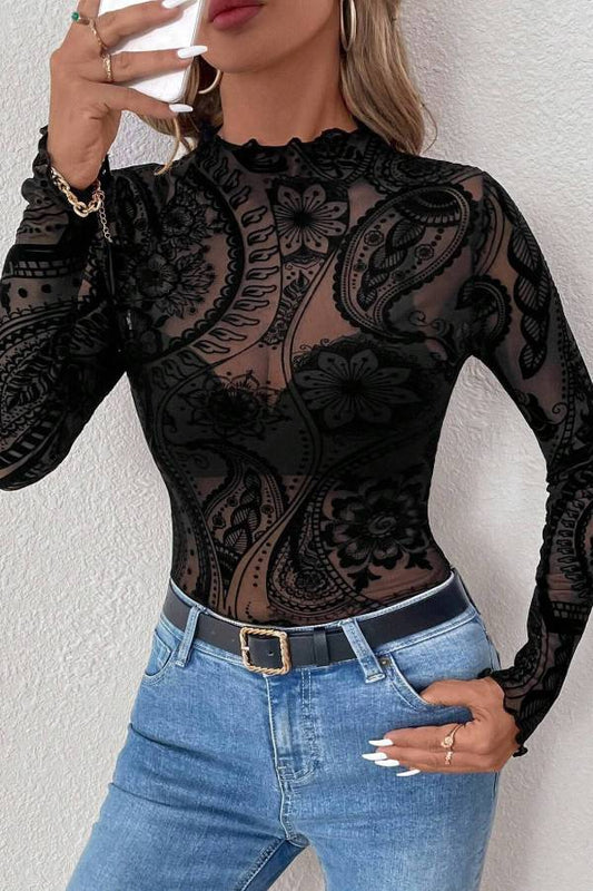Half-high collar see-through lace pattern long-sleeved top