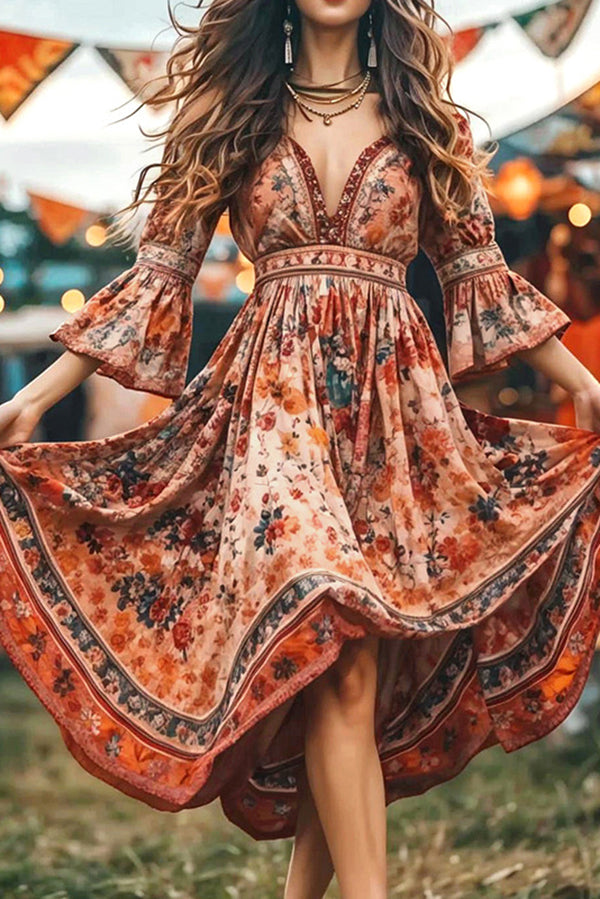 Vestido midi con escote en V y estampado floral bohemio 