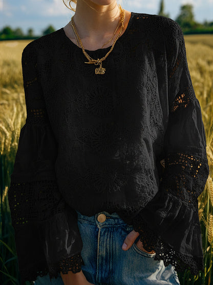 sheenchic Daily Lace White Round Neck Long Sleeve Cut Out Boho Contrast Linen Blouses [Pre-Order]