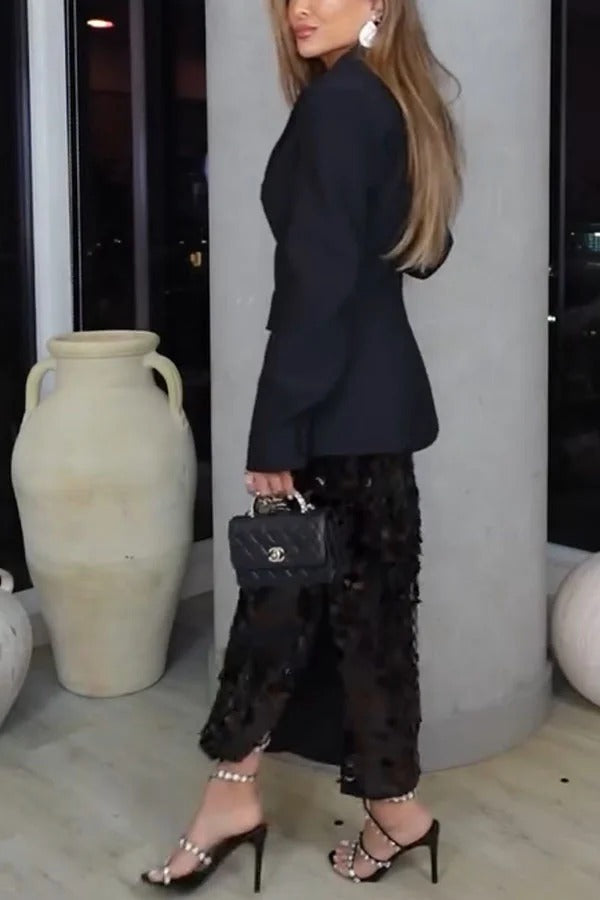 Chic Holiday Look Large Sequins High Rise Zipper Waist Slit Maxi Skirt