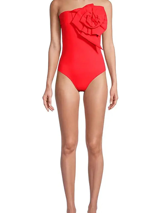 Strapless Floral Accent One-Piece Swimsuit Set