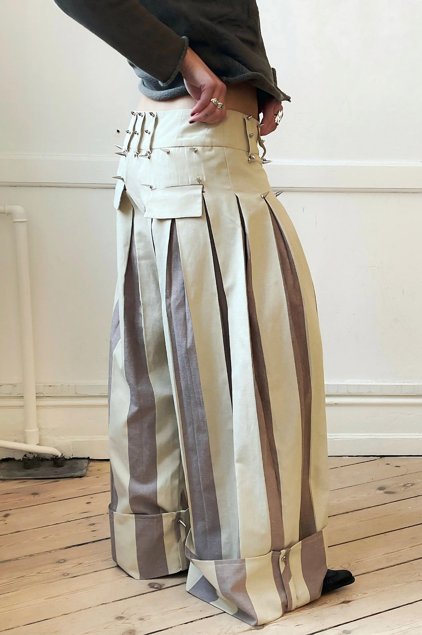 Oversized Stripe Stud-Detail Wide-Leg Pants