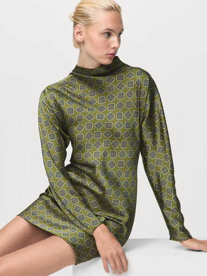 Perkins Collar Satin Printed Mini Dress