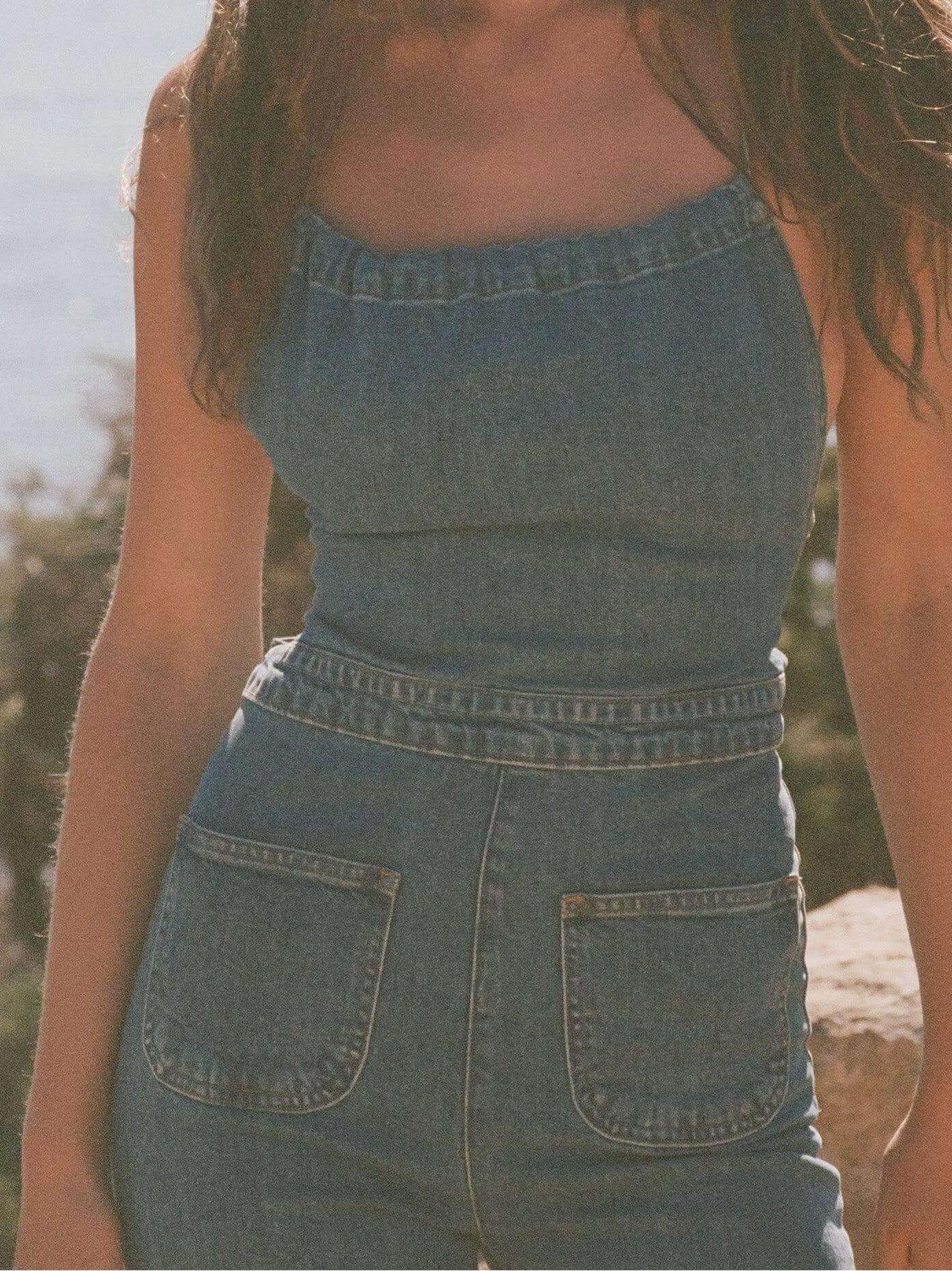 Flared Denim With Tie Back Jumpsuit