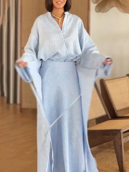 Stand Collar Shirt And Lace-up Skirt Suit