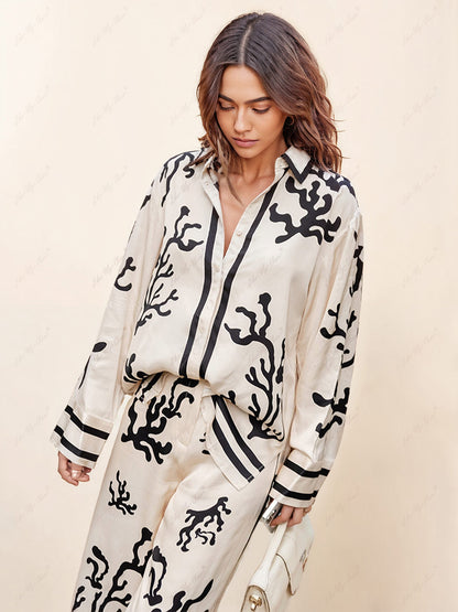 Wide leg trouser set with silhouette print