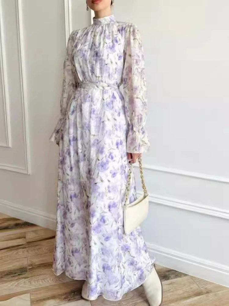 Purple White Floral Chiffon Maxi Dress