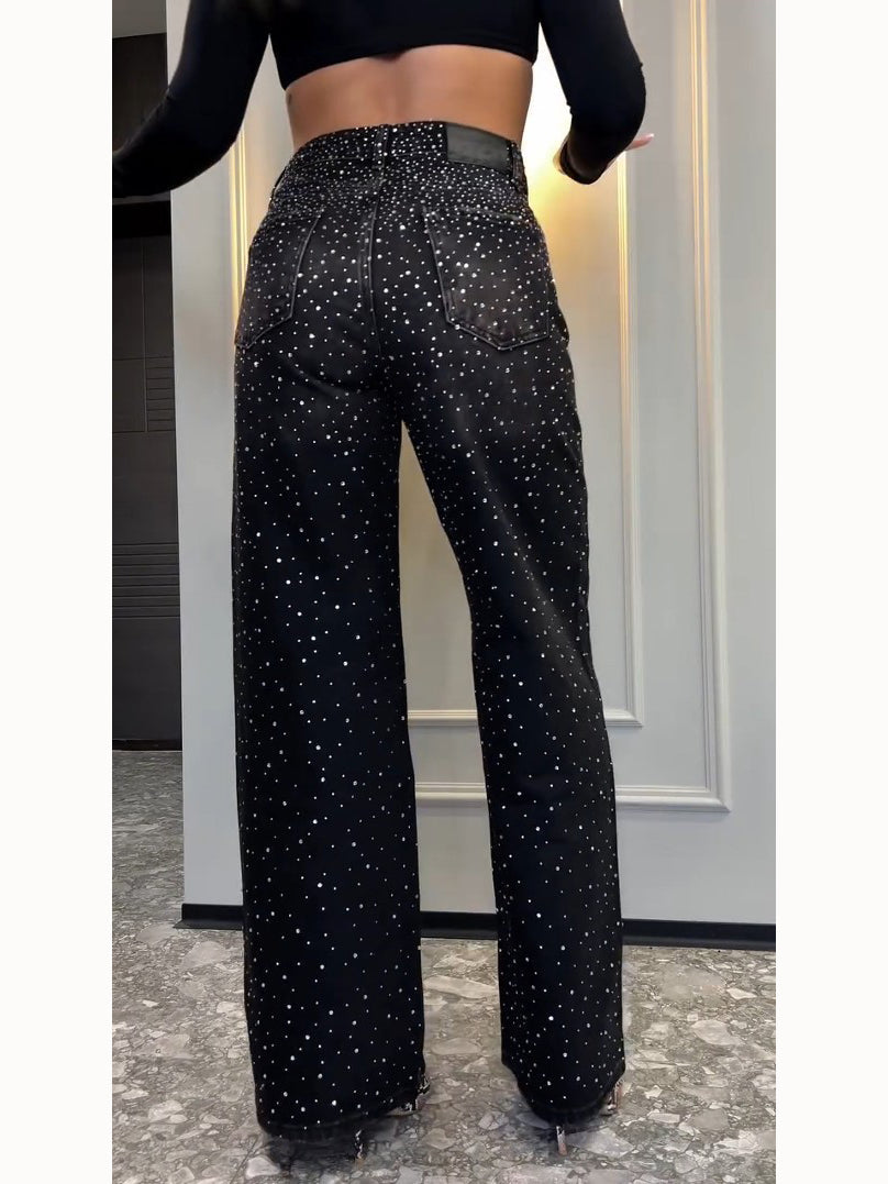 All-Over Rhinestone Wide-Leg Jeans