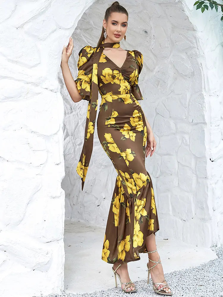 Vintage Puff Sleeve Slim Dress