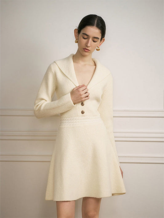 Parisian Style Lapel Knit Mini Dress