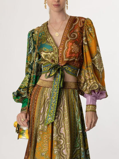 Exquisite Bohemian Paisley Print Satin Tie-Front Blouse