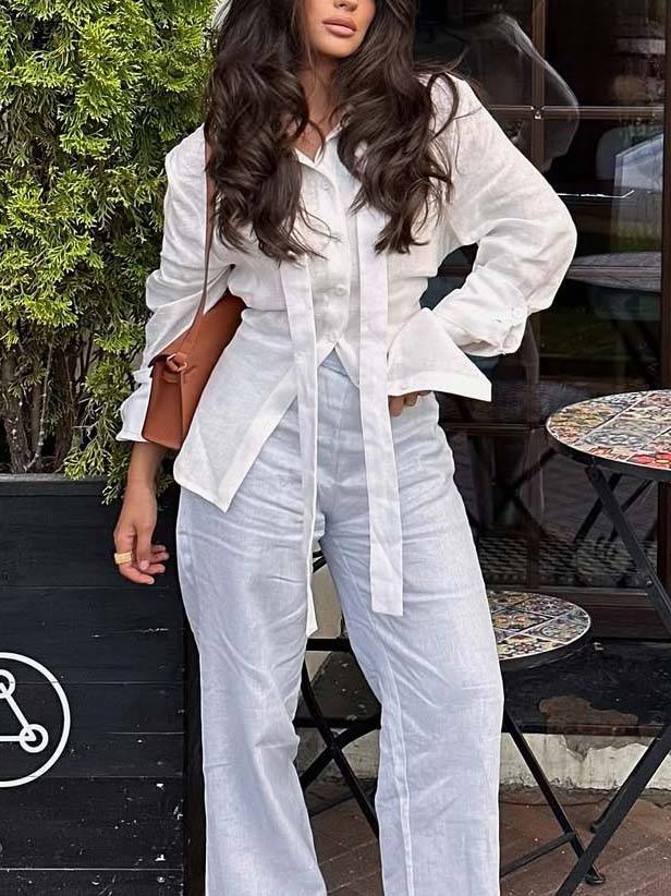 Minimalist Stand-up Collar Ribbon Back Lace-up Shirt and Wide Leg Pants Set-Shirt