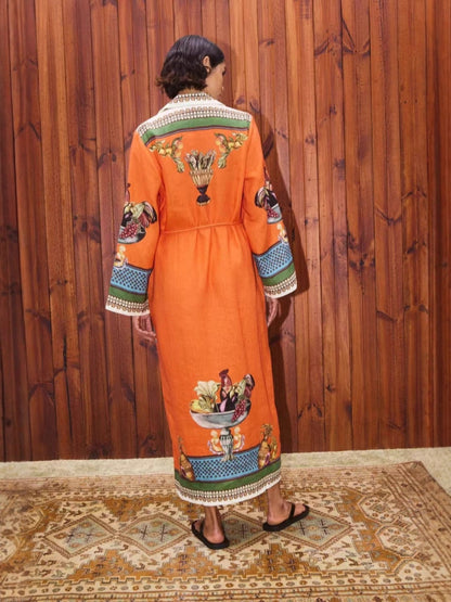 Linen Blazer-Collar Midi Dress