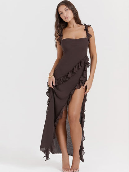 Ruffled Long Maxi Slip Dress - Coffee