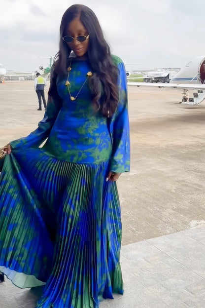 Tropical Wave Pleated Maxi Dress