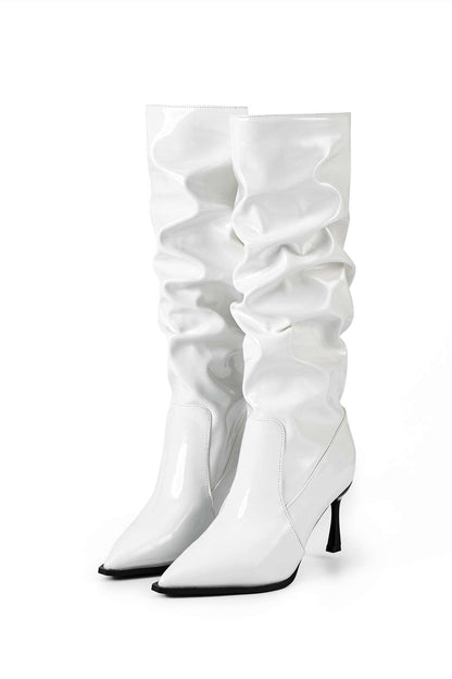 Faux Leather Ruched Pointed Toe Knee High Boots